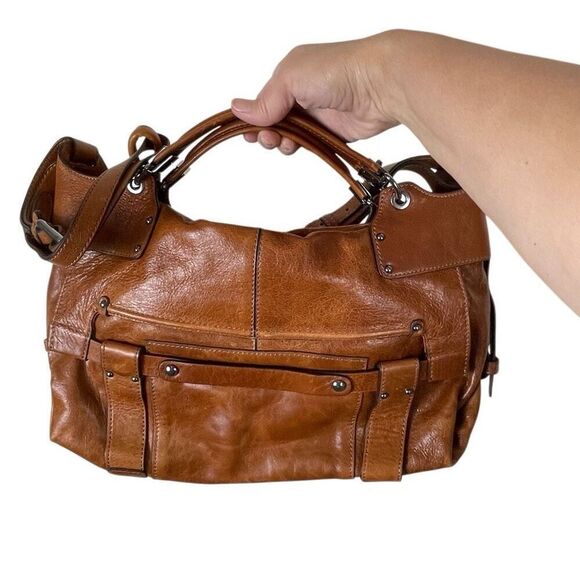 Kooba Camden 2 Handle Satchel Shoulder Tote Bag Tan Brown Leather NEW - Picture 1 of 14
